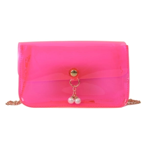 Sac bandoulière en PVC transparent rose fluo avec chaîne dorée et perles blanches