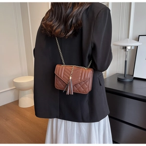 Detailed view of brown quilted chain bag with tricolor tassel charm and gold hardware