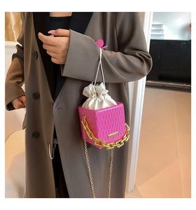 Detail of pink pleated mini box bag with gold chain strap and white drawstring lining