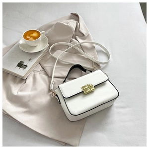 Detail of ivory small square bag featuring golden twist lock and black trim accents
