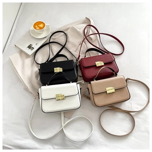 Detailed flat lay of small leather square bags in four colors with gold metal buckles