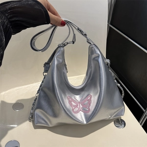 Trendy Butterfly Embroidery Metallic PU Leather Hobo Bag For Women Y2K Street Style Shoulder Underarm Bag With Metal Chain