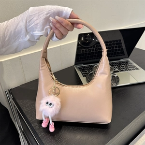 Women Minimalist PU Leather Underarm Bag Fashion Hobo Shoulder Bag With Cute Plush Monster Pendant Daily Small Handbag
