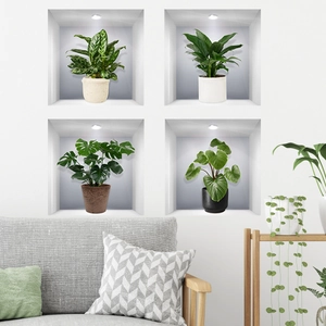 Set of 4 self-adhesive 3D wall stickers featuring minimalist green potted plants in niches