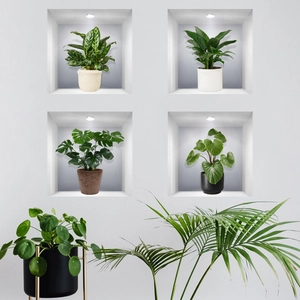Modern potted green plants in wall niches with integrated lighting for home decor