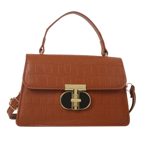 Classic brown crocodile texture handbag with gold T-shaped lock and adjustable strap
