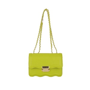 Lime green chain crossbody bag with scalloped edges and gold square lock detail