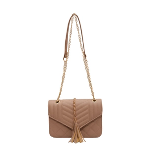 Elegant mauve quilted crossbody bag with chevron pattern, tassel detail and chain strap