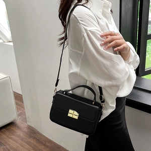 Minimalist black leather crossbody bag with gold lock buckle and top handle for women