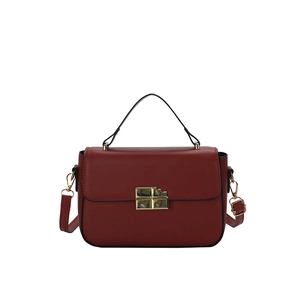 Vintage wine red faux leather handbag with gold square buckle and adjustable strap