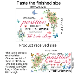 Detail view of floral wall sticker with quote and measurement specifications of 60x30cm