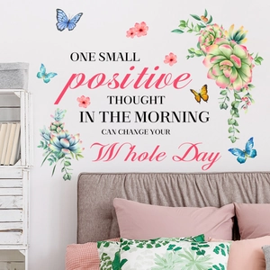 Inspirational floral wall sticker with positive quote and butterflies for home decor