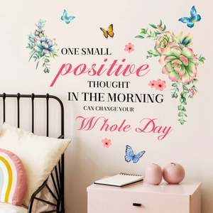 Watercolor floral wall stickers with inspirational quote and butterflies in bedroom decor