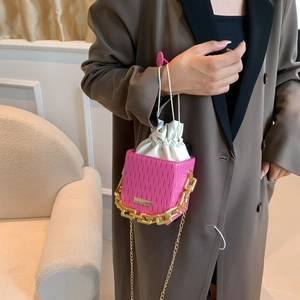 Hot pink checkered mini bucket bag with gold chain strap shown on a brown blazer outfit