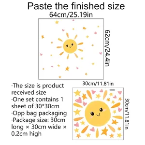 Size chart showing dimensions of cartoon sun and star wall stickers for home decoration