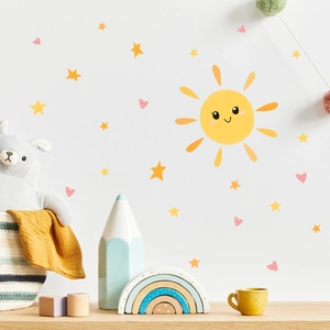 Cartoon sun and stars wall decals for kids room decoration with smiling face and hearts