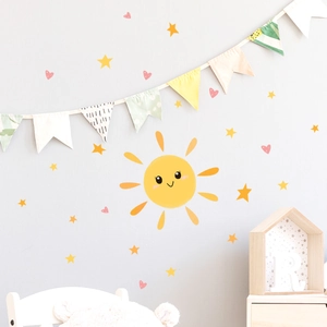 Cute cartoon sun, stars and hearts wall stickers for warm nursery and kids room decor