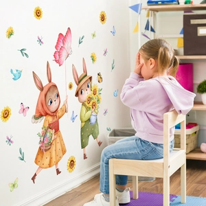 Watercolor rabbit and sunflower wall decals set for kids bedroom decor