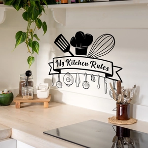 My Kitchen Rules wall decal featuring chef hat and tools on a clean white kitchen wall