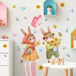 Cartoon rabbit and sunflower wall decals for kids room and creative bedroom wall decoration
