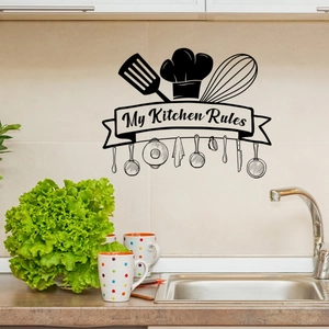 Modern My Kitchen Rules wall sticker with chef utensils design on light tile background