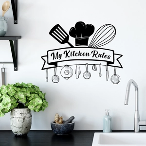 Detail of My Kitchen Rules wall sticker with chef icons and kitchen utensils on white wall