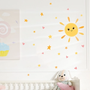 Cartoon sun and stars wall decals set for kids room decor with smiling sun and gold stars