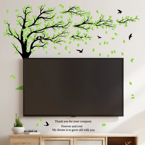 Green tree wall sticker with birds and English quote for living room decor