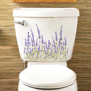 Stickers muraux fleurs de lavande sur réservoir de toilettes blanc pour salle de bain