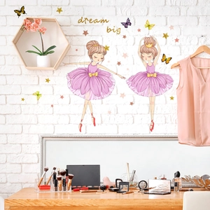 Dancing girl wall stickers with butterflies stars and dream big text for bedroom decor