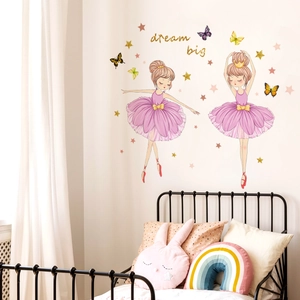 Dream Big ballerina wall stickers with purple dancers butterflies and gold stars for kids room