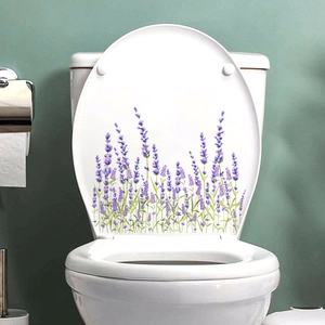 Sticker de Toilette Fleurs de Lavande Violette PVC Autocollant Floral Salle de Bain Décalcomanie Murale Décor de Siège de Toilette Amovible