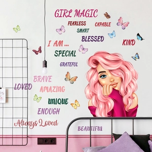 Inspirational Girl Magic Quote Wall Sticker With Butterflies Cartoon Girl PVC Self-Adhesive Removable Decal For Bedroom Study Room Wall Decor