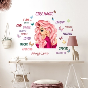 Inspirational cartoon girl wall decal with butterflies for children bedroom decoration