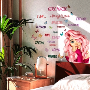 Inspirational butterfly wall sticker with girl magic text for bedroom wall decoration
