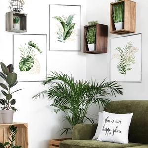 Lot de 3 tableaux décoratifs feuilles de monstera avec détails dorés et cadres argentés