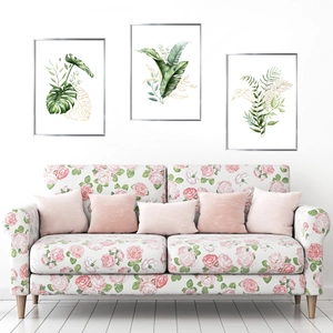 Ensemble de 3 tableaux de feuilles de monstera avec lignes dorées et cadres argentés