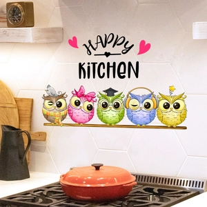 Happy Kitchen wall stickers featuring colorful cartoon owls on white hexagonal tiles