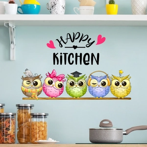 Self-adhesive colorful owl kitchen wall decals with Happy Kitchen text for home decor
