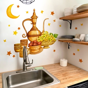 Middle Eastern style wall stickers featuring golden coffee pot, moon and stars
