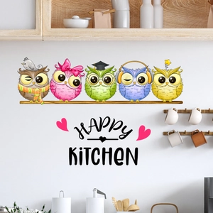 Colorful cartoon owls wall sticker with Happy Kitchen text for home decor
