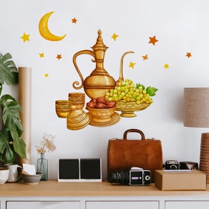 Islamic style moon and star wall stickers with golden tea set and dates for Ramadan decor
