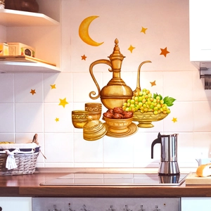 Golden Ramadan moon and stars wall stickers with coffee pot and fruit plate design