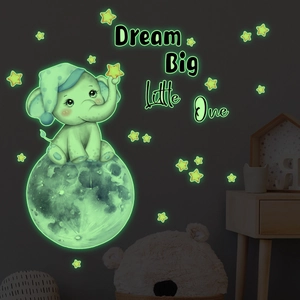 Glow In The Dark Elephant Moon Wall Stickers For Kids Room Nursery Decor Removable Fluorescent Star Decals Dream Big