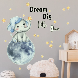 Watercolor elephant on moon wall stickers with Dream Big Little One quote for nursery decor