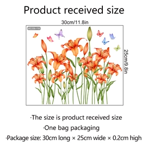 Floral wall sticker with orange lilies and butterflies for bathroom decor, 30x25cm size