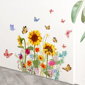 Self-adhesive sunflower wall stickers with colorful butterflies for home decoration