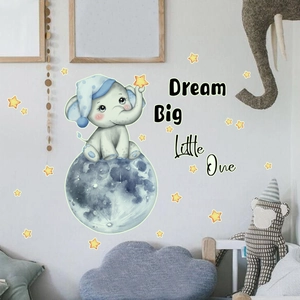 Nursery wall sticker featuring a cute elephant on moon with Dream Big Little One quote
