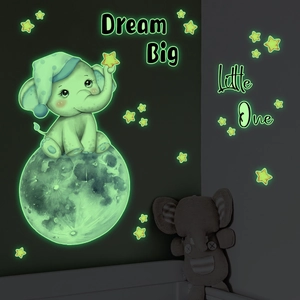 Luminous elephant on moon wall decal with stars and Dream Big Little One quote