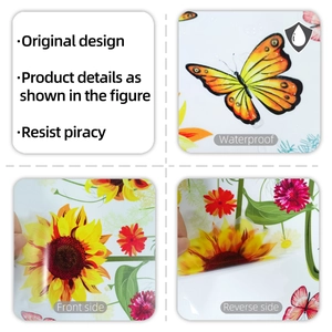 Macro detail of waterproof sunflower wall stickers showing colorful butterflies and textures